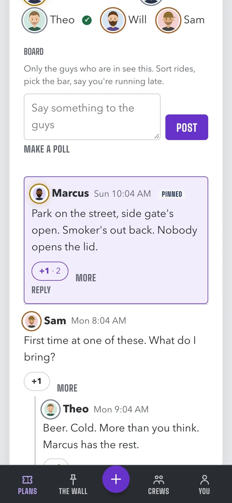 The board on a ride plan: a pinned post from the host about where to meet, a question about the pace, and a reply saying they regroup at the top of the hill.