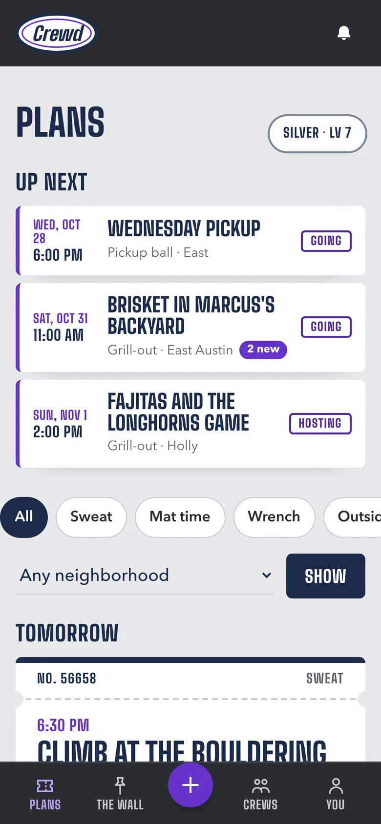 The Plans screen in Austin: a Wednesday pickup game, Saturday loops at the Veloway and a brisket grill-out coming up, with plans for tomorrow below.