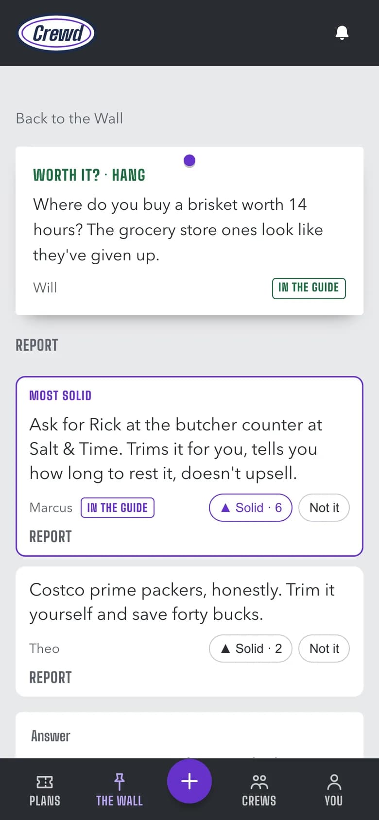 A post on the Wall asking where to get a bike fit in Austin, with the most solid answer on top, marked In the guide.